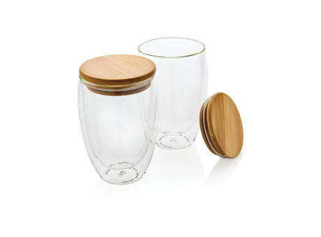 2-tlg Set Borosilikatgläser mit Bambusdeckel 350ml bedrucken