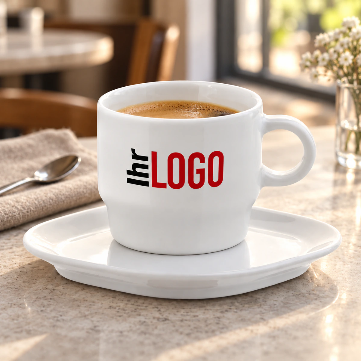 Weiße Tasse Satellite, 180 ml, mit Logo, Kaffee und eckiger Untertasse auf einem Cafétisch neben Leinentuch und Löffel.