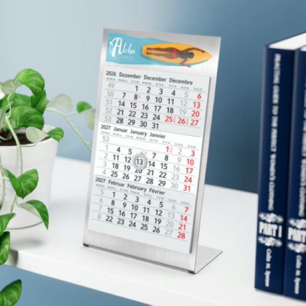 Tischkalender Desktop 3 Steel Edelstahl-Aufsteller gebürstet Werbeartikel