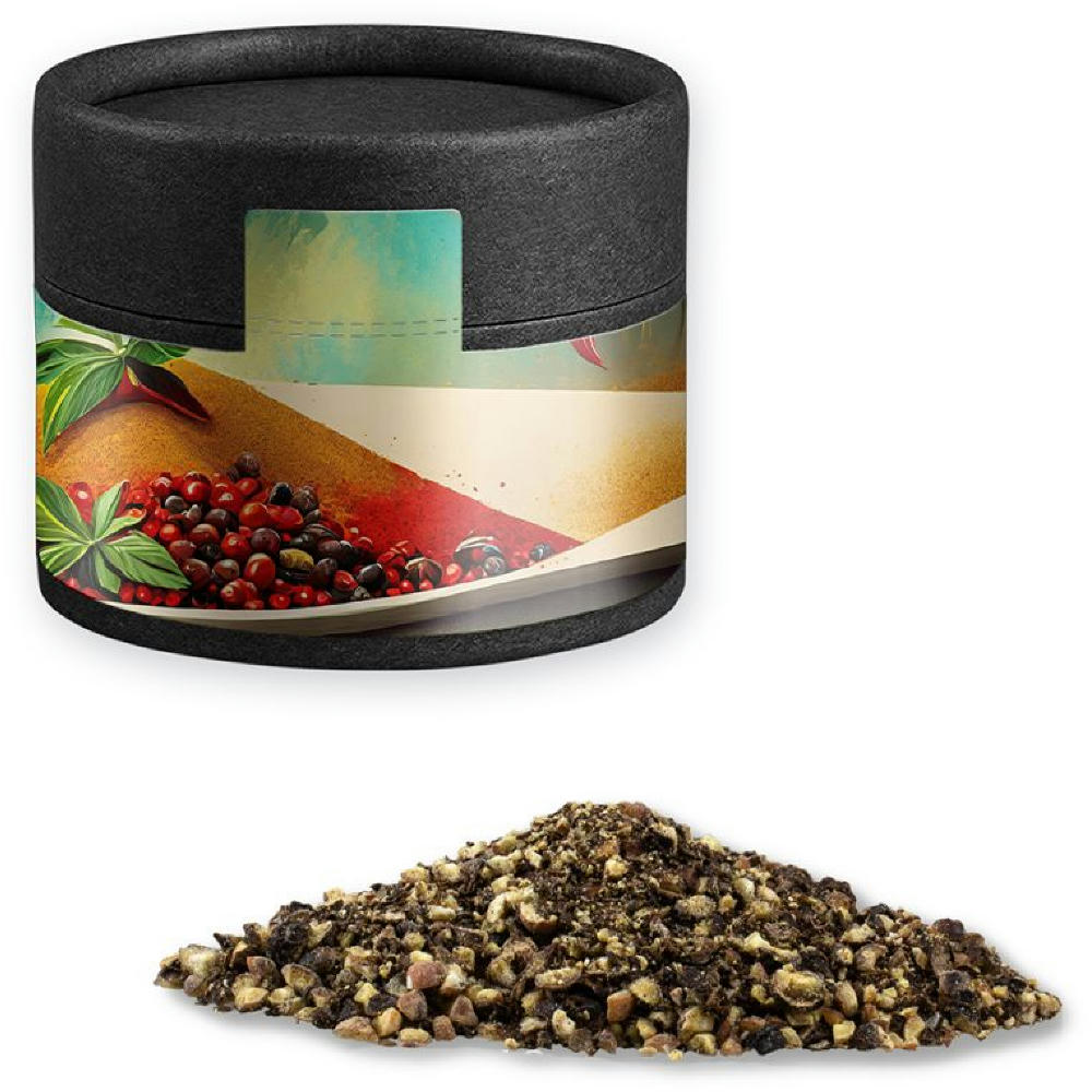 Product image Pfeffer geschrotet, ca. 38g, Kraftpapierdose Mini schwarz Werbeartikel