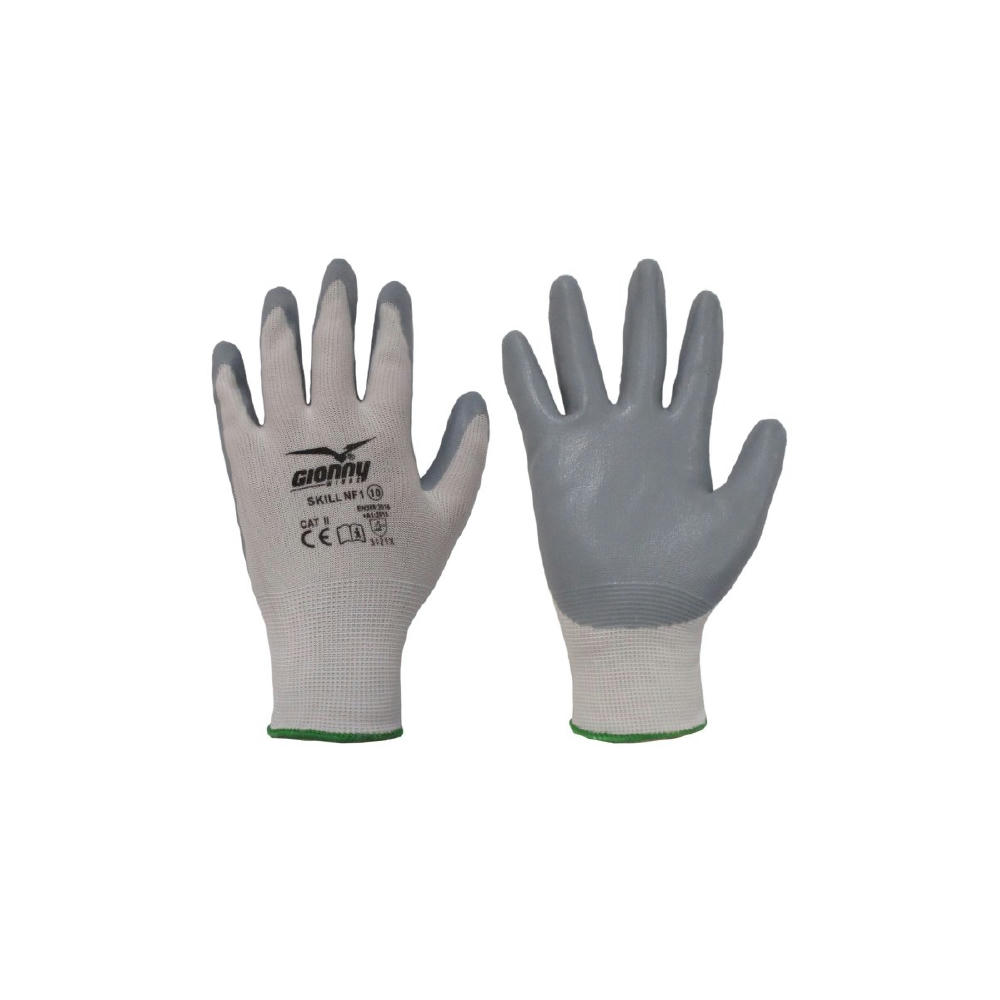 Product image Graue Grip-Handschuhe SKILL mit Nitrilbeschichtung, Paar freigestellt – Arbeitshandschuhe zum Bedrucken