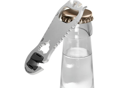 RICHARTZ KEY TOOL cut öffnet eine Glasflasche mit Kronkorken – Schlüsselanhänger-Multitool mit Ihrem Logo