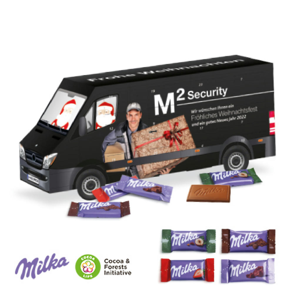 3D Adventskalender "Transporter" mit Milka Schokolade Werbeartikel