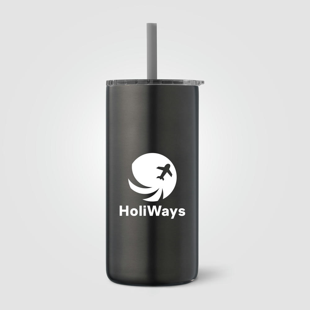 Borealis  Recycling-Edelstahlbecher mit Trinkhalm - 475 ml Werbeartikel