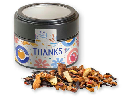 Product image Omas Bratäpfelchen Tee, ca. 30g, Metalldose Mini mit Sichtfenster schwarz Werbeartikel