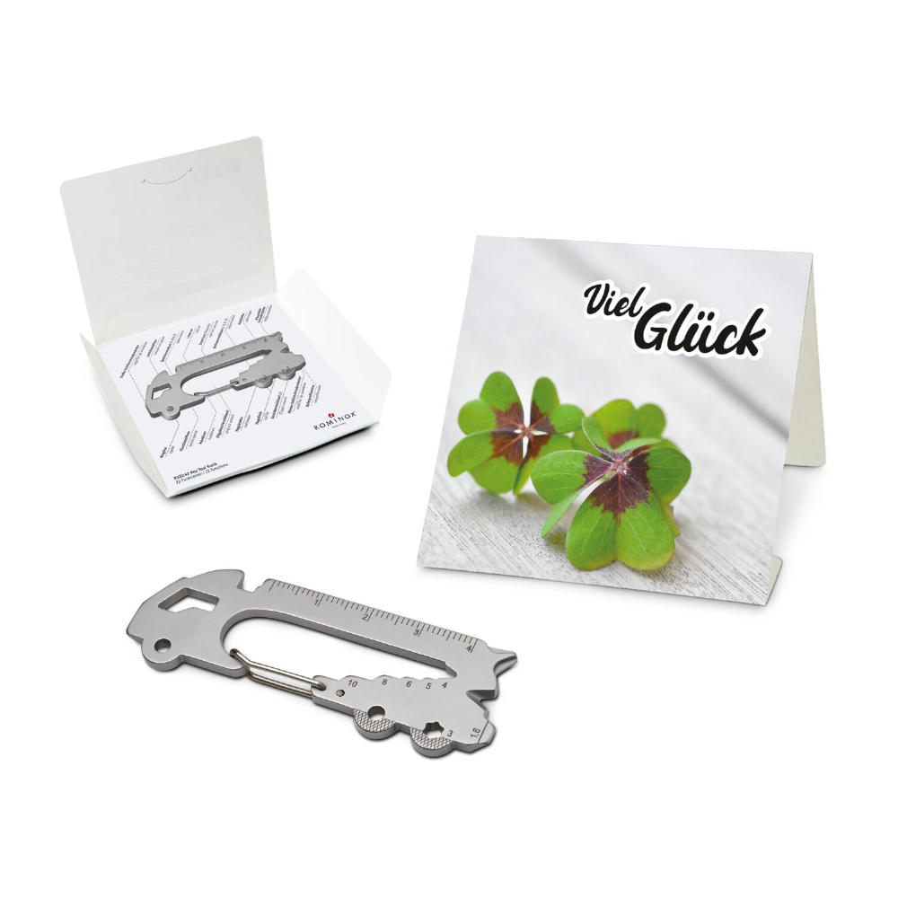 Geschenkartikel: ROMINOX® Key Tool Truck / LKW (22 Funktionen) im Motiv-Mäppchen Viel Glück Werbeartikel