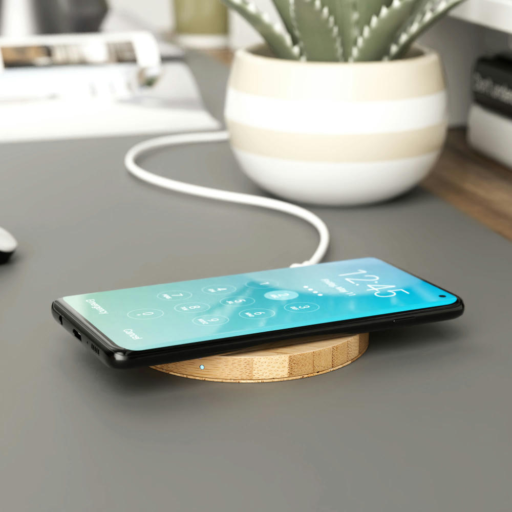 Wireless Charger Bamboo round Werbeartikel