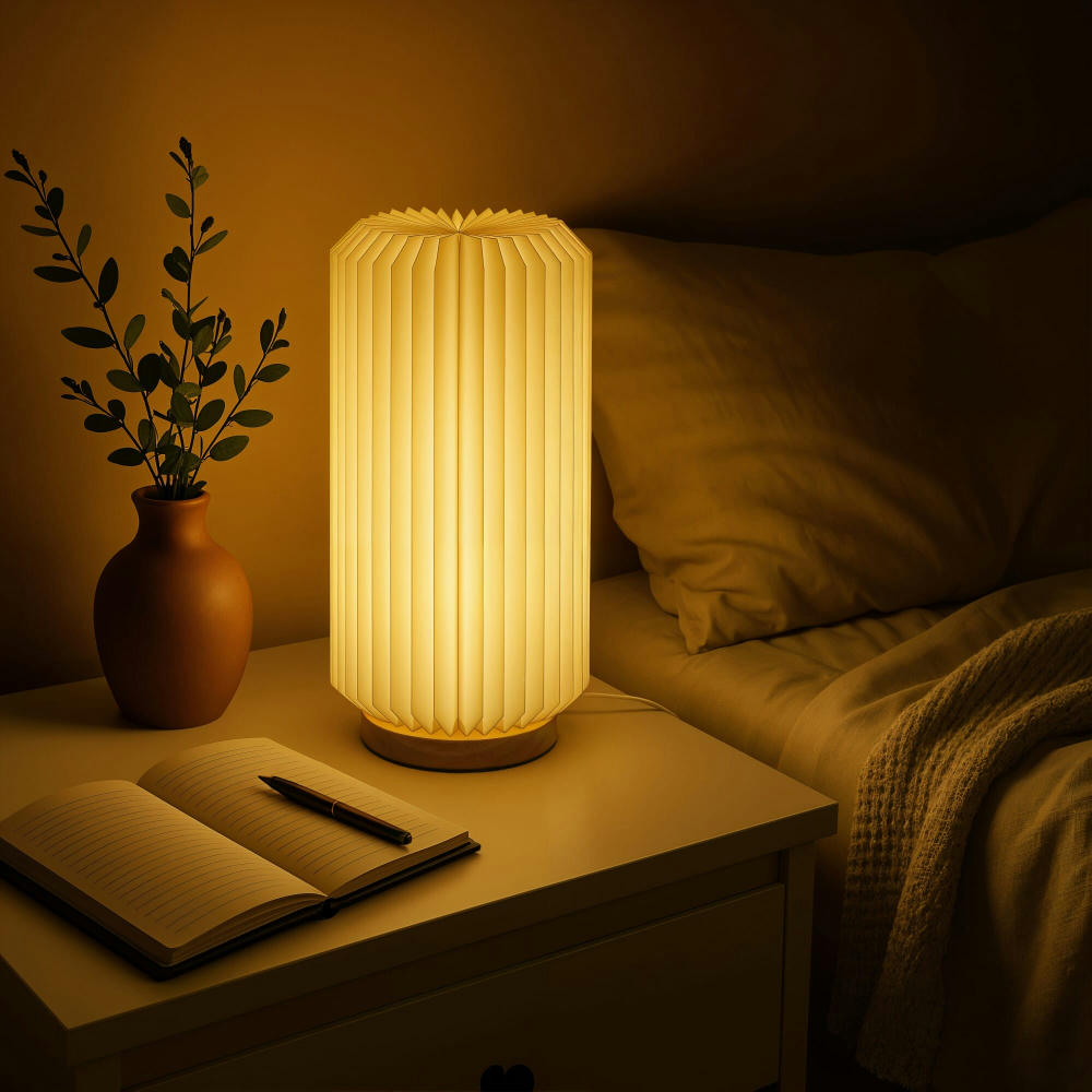 Coollux faltbare Papier-LED-Lampe Aurora Tall auf Holzsockel, 32cm Werbeartikel