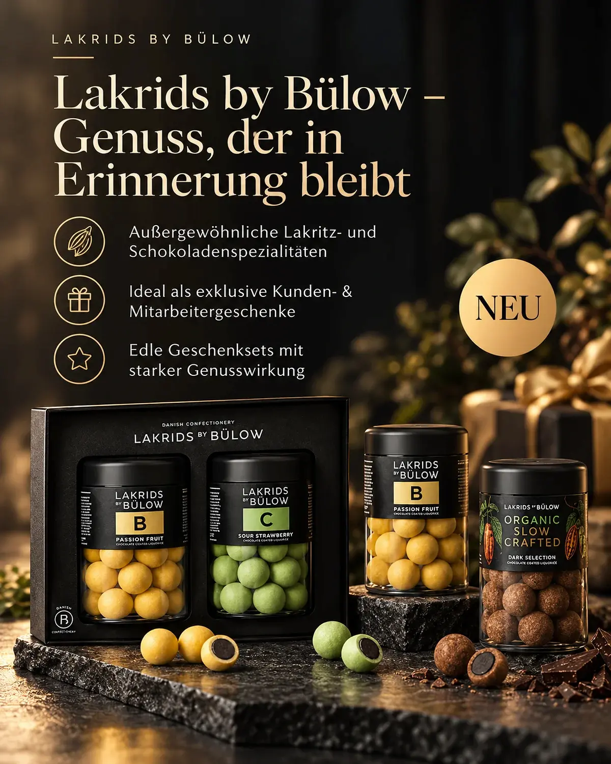 Lakrids by Bülow neu im Sortiment – exklusive Lakritz- und Schokoladenspezialitäten als Geschenksets für Kunden und Mitarbeiter