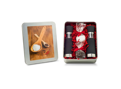 Geschenkset / Präsenteset: Salz- & Pfeffermühlen Set - in Silberdose Werbeartikel