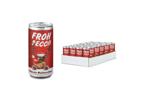 Geschenkartikel / Präsentartikel: FROHSECCO Elch (rot) - 24 x Promo Secco 0,2 l, Slimlinedose Werbeartikel