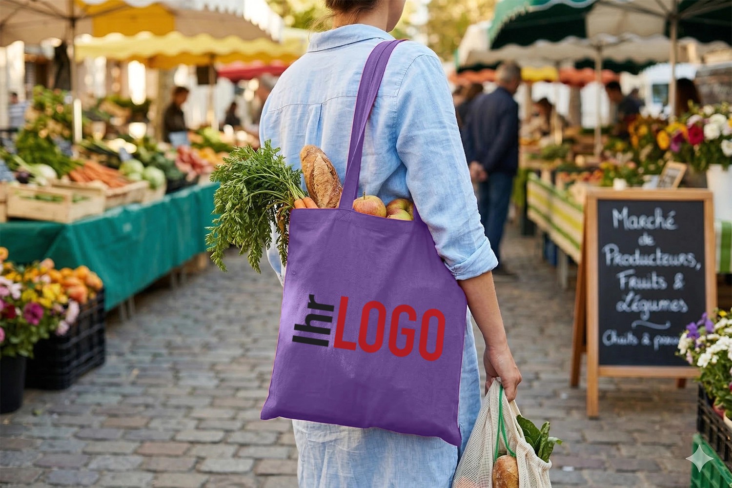 Frau mit MADRAS 140 Baumwolltasche in Flieder beim Einkauf – umweltfreundlicher Werbeartikel für Märkte, Alltag und Promotion