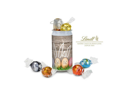 Product image Geschenkartikel / Präsentartikel: Lindt-Geheimnis Ostern, das Nest in der Dose - Etikett Frohe Ostern - EierWiese bedrucken