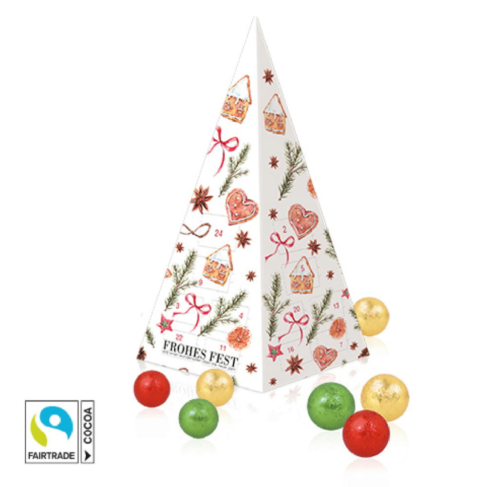 Adventskalender "Weihnachtspyramide" mit Fairtrade® Schokolade Werbeartikel
