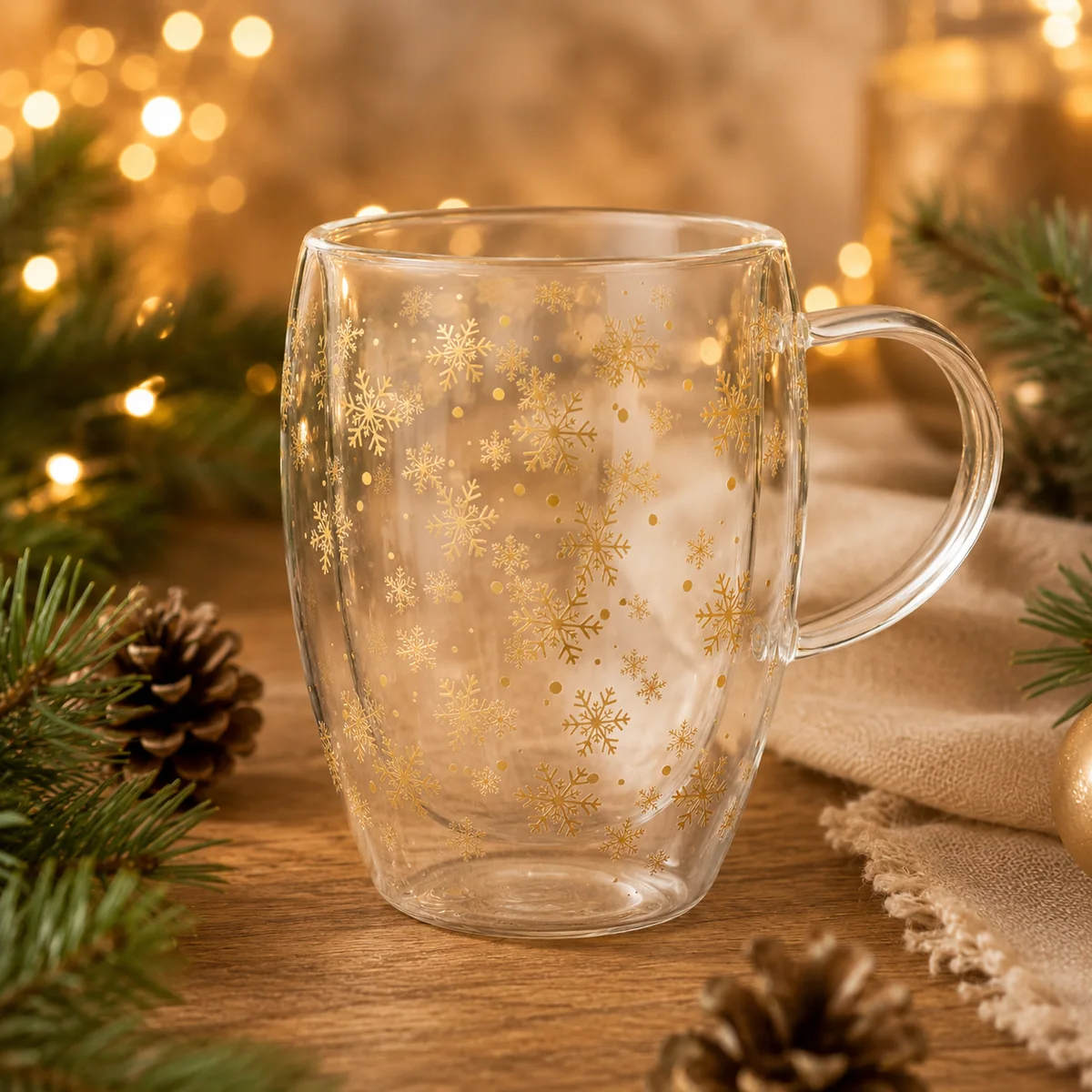 Product image Transparenter Glasbecher mit goldenen Schneeflocken als weihnachtlicher Werbeartikel