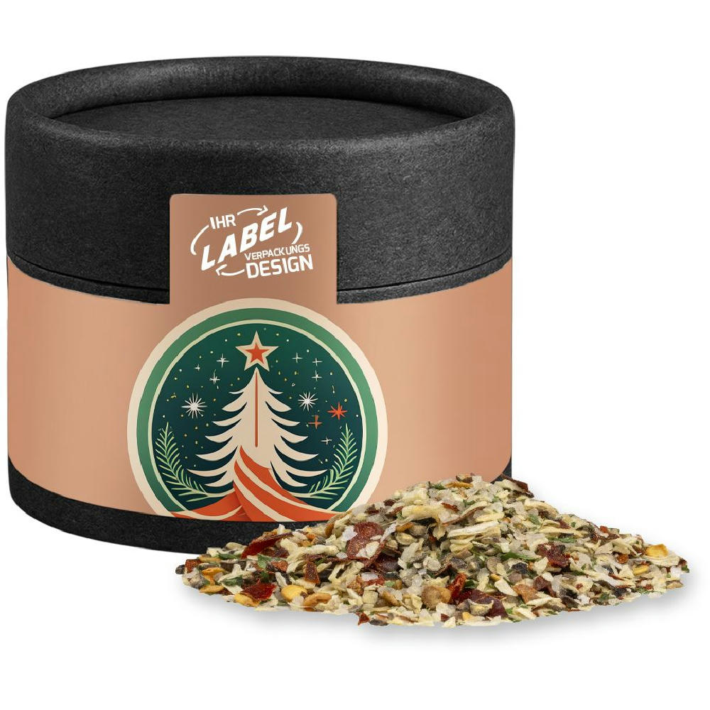 Weihnachts Gewürzmischung Braten, ca. 30g, Kraftpapierdose Mini schwarz Werbeartikel