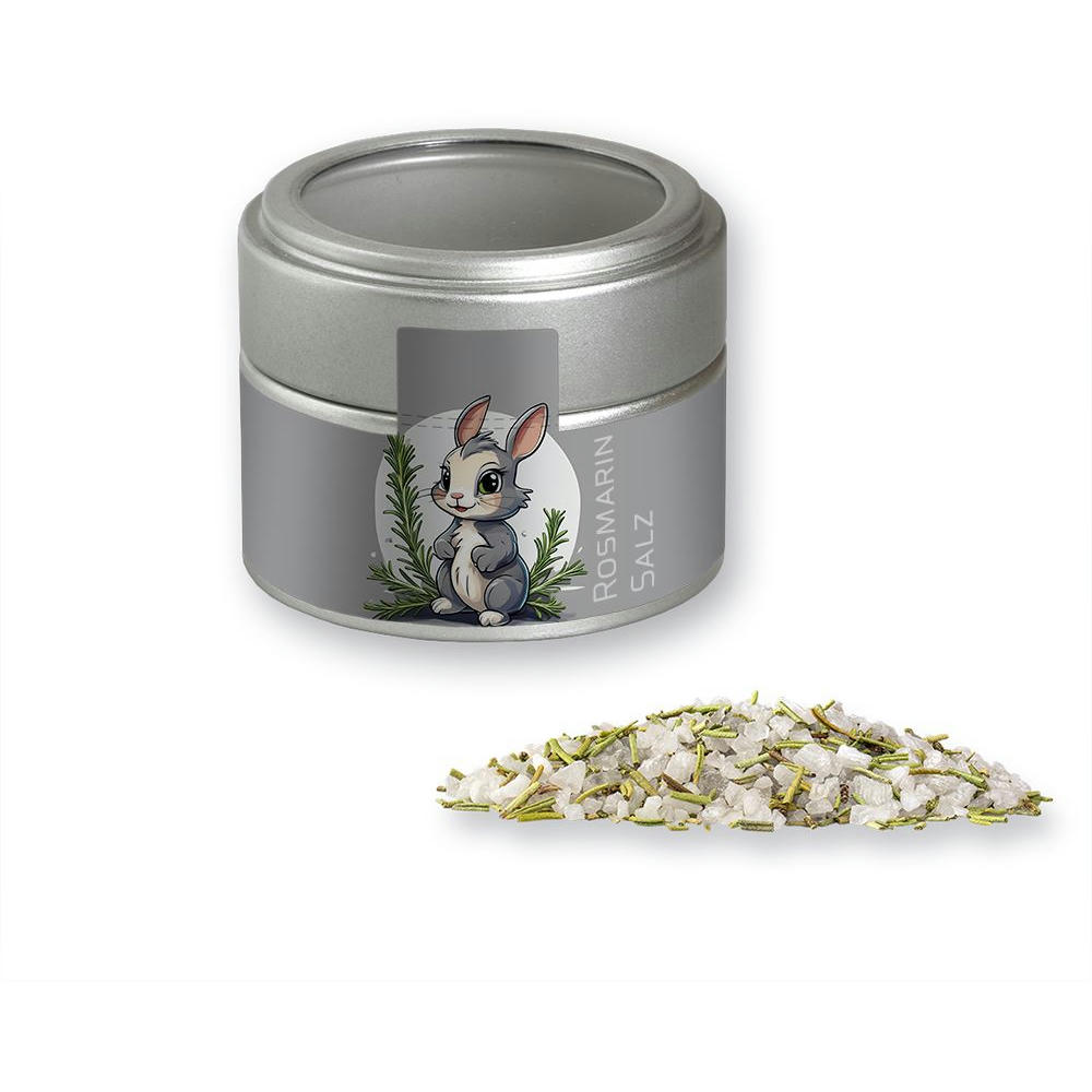 Product image Gewürzmischung Rosmarin-Salz, ca. 75g, Metalldose Mini mit Sichtfenster silber Werbeartikel