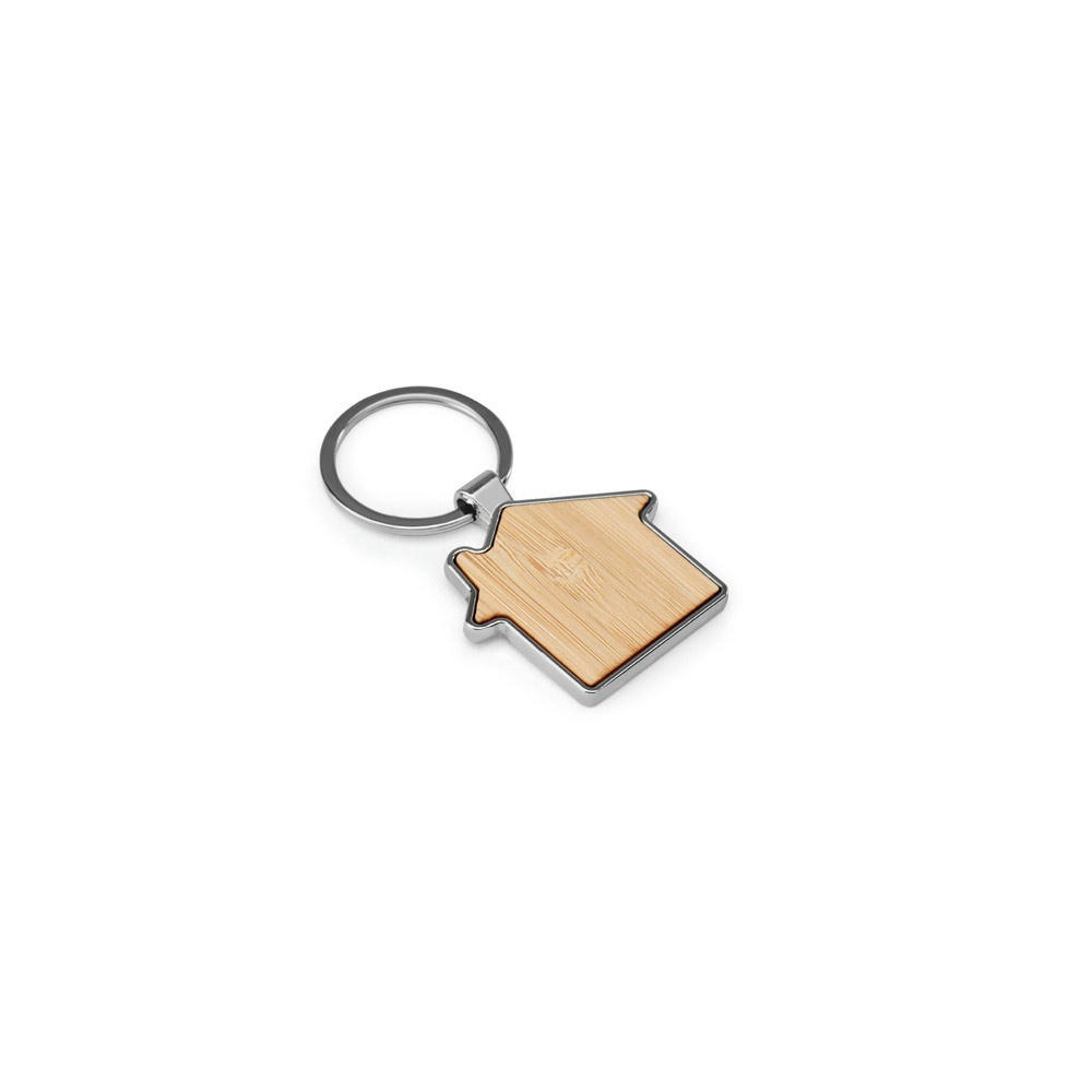 Product image GASTON HOUSE. Schlüsselanhänger aus Eisen in Hausform aus Zink und Bambus Werbeartikel