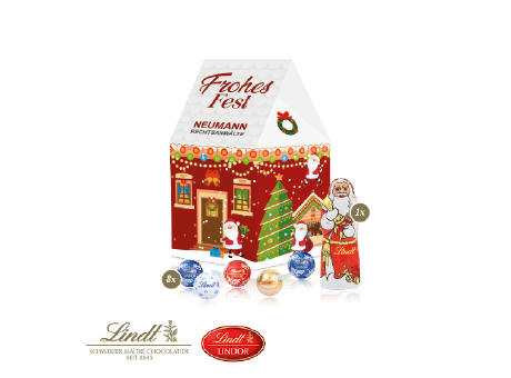 3D Präsent "Haus" mit Lindt Minis und Nikolaus Werbeartikel