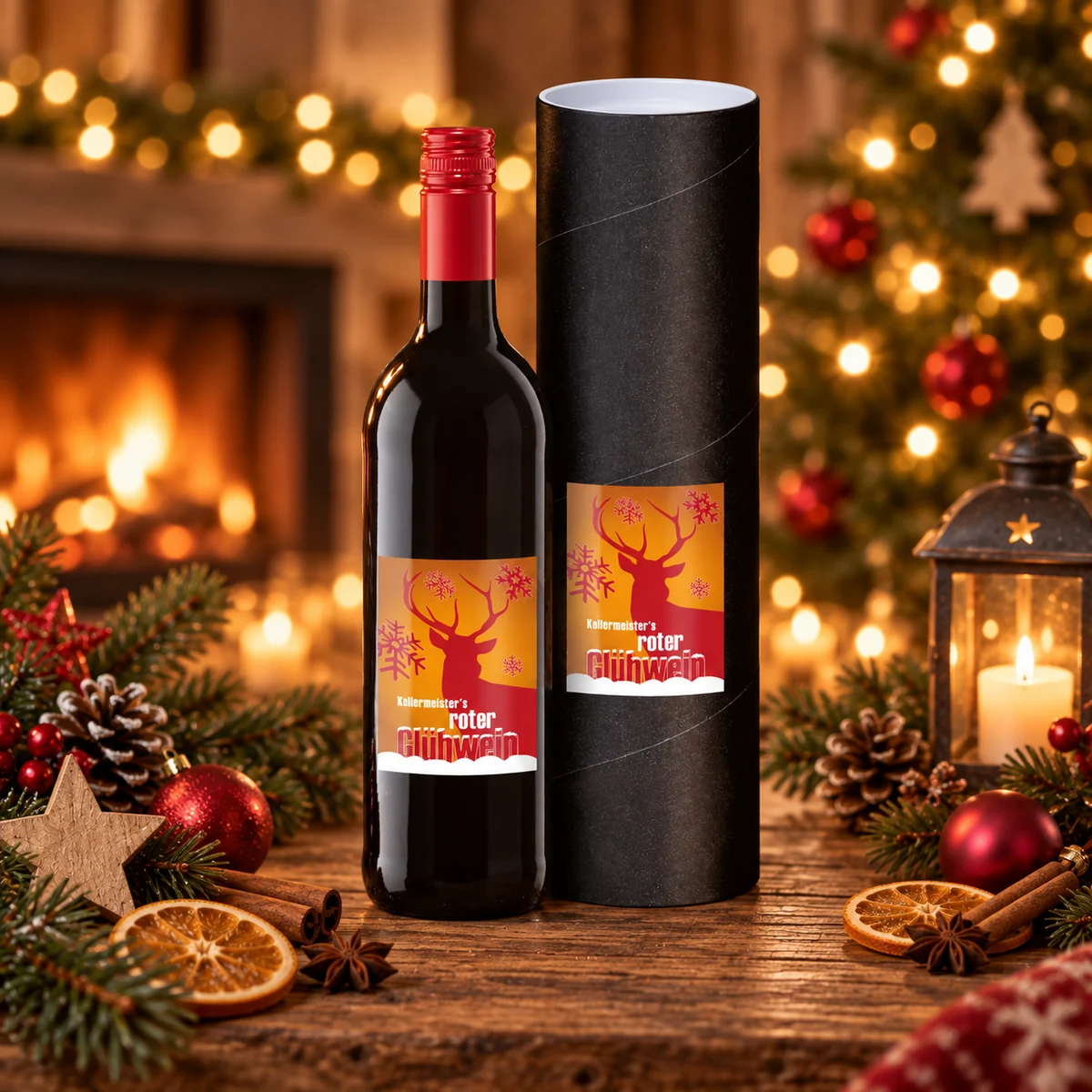 Roter Glühwein in Wine Tube Geschenkverpackung als hochwertiges Weihnachtsgeschenk für Kunden und Mitarbeiter