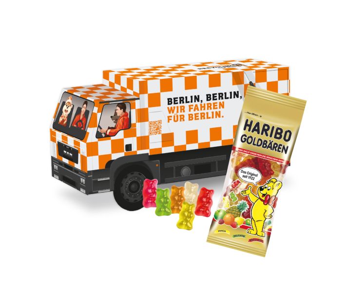 3D-Präsent LKW mit HARIBO Goldbären – 75 g, individuell bedruckbar 3D-Präsent LKW mit 75 g HARIBO Goldbären – individuell bedruckbarer Werbeartikel
