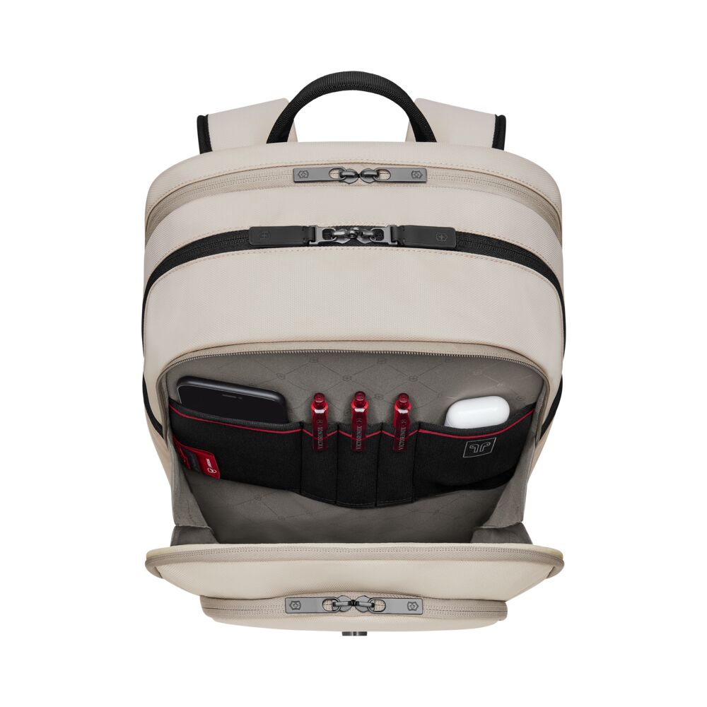 Victorinox Altmont Deluxe Backpack 653552 Innenansicht, geräumiger Rucksack in Beige mit durchdachter Fächeraufteilung für Laptop, Dokumente und Zubehör, ideal als Werbeartikel mit Logo für Business und Organisation unterwegs.