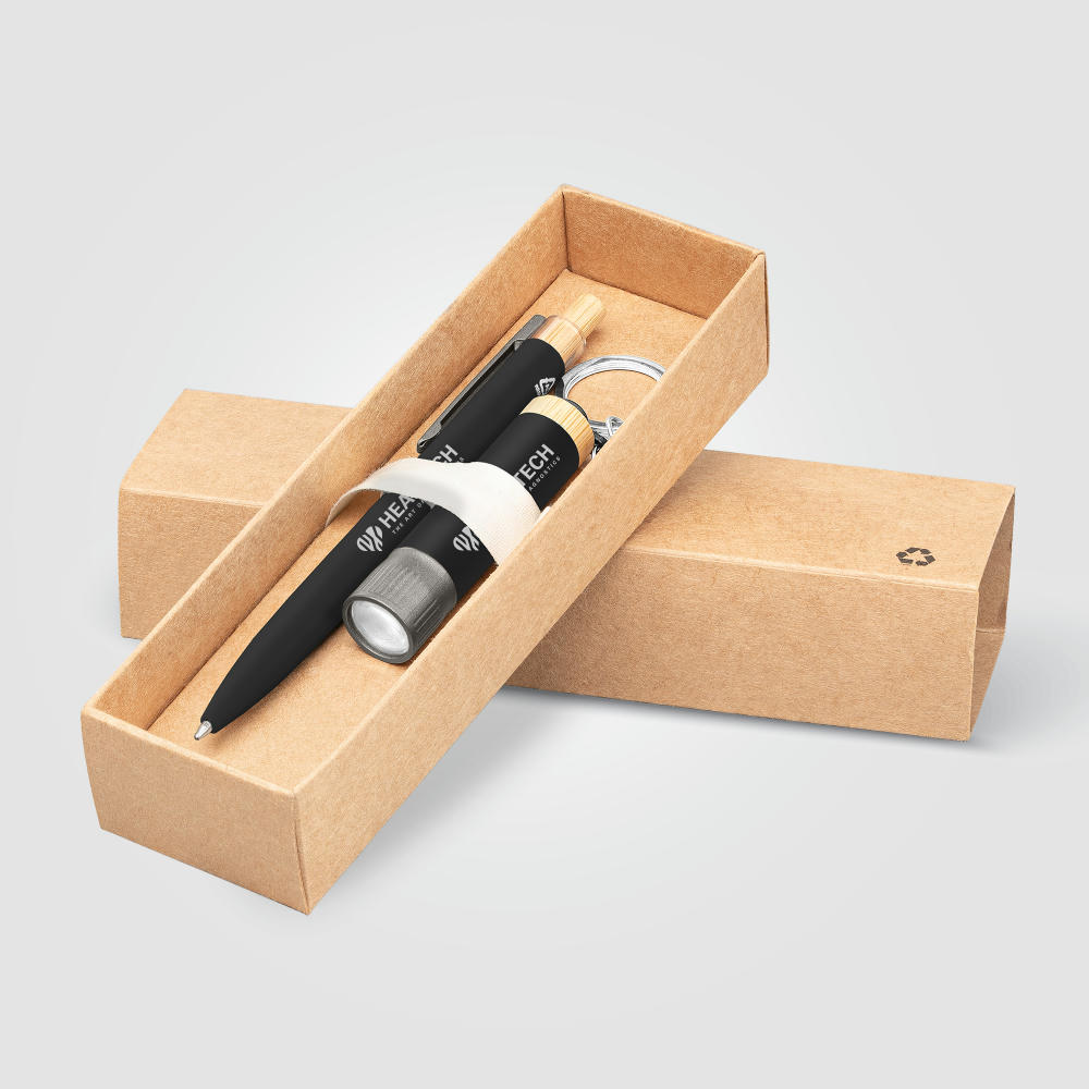 Reborn Geschenkset mit Kugelschreiber und Taschenlampe mit Bambus-Akzenten aus recyceltem Aluminium Werbeartikel