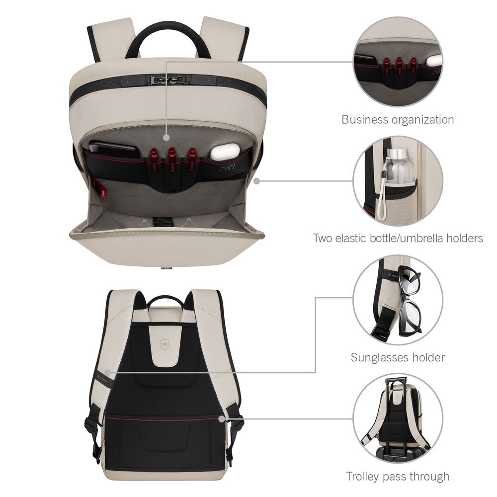Victorinox Altmont Modern Compact Backpack Infografik mit Detailansichten, kompakter Business Rucksack mit Laptopfach und smarten Features, ideal als Werbeartikel mit Logo.