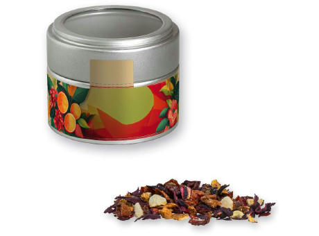Product image Früchtetee gute Laune, ca. 30g, Metalldose Mini mit Sichtfenster silber Werbeartikel