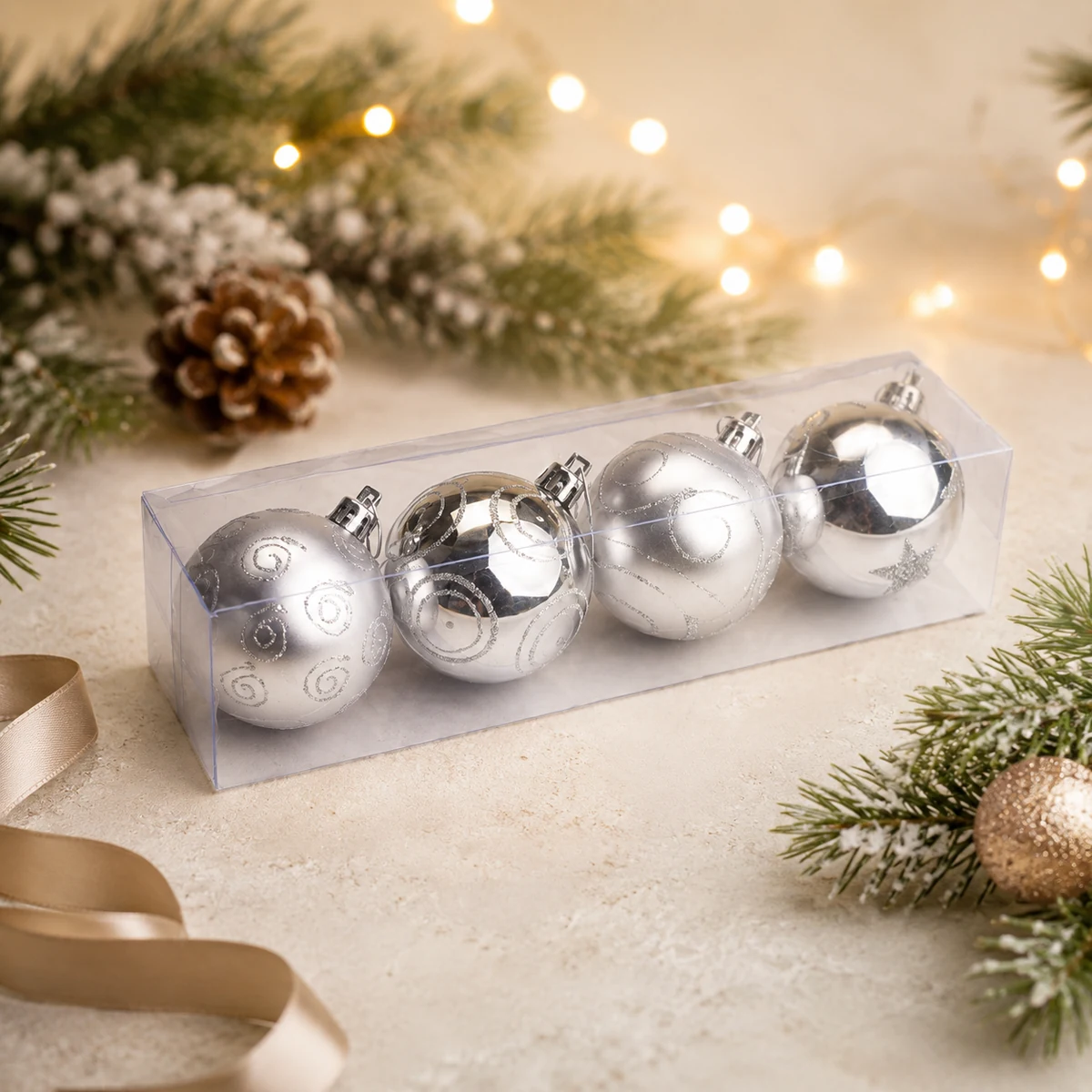 Product image Silberner Weihnachtsbaumschmuck in transparenter Box als festlicher Werbeartikel für Unternehmen