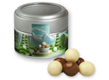 Product image Knusperkugeln-Mix, ca. 45g, Metalldose Mini mit Sichtfenster silber bedrucken