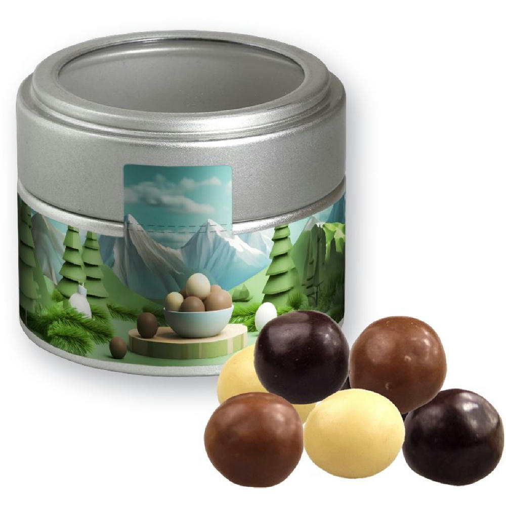 Product image Knusperkugeln-Mix, ca. 45g, Metalldose Mini mit Sichtfenster silber Werbeartikel