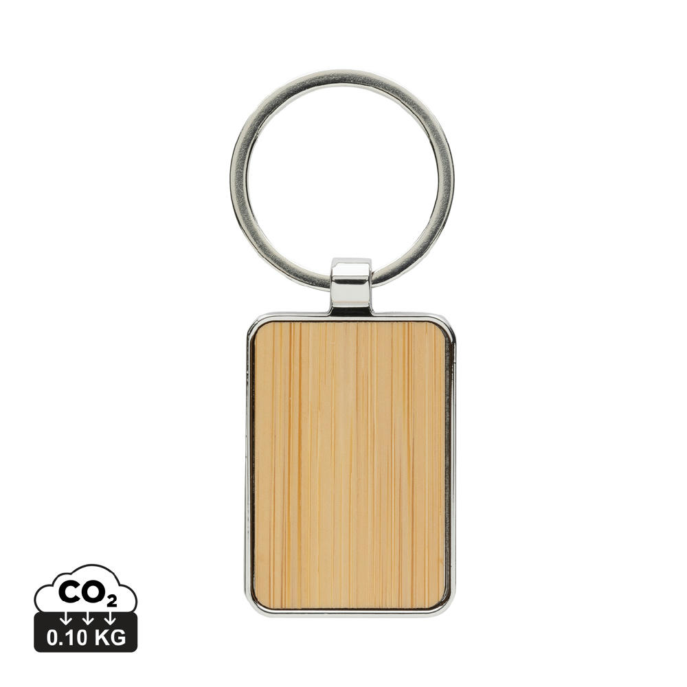 Product image Eckiger Schlüsselring aus RCS rec. Zinklegierung mit Bambus Werbeartikel