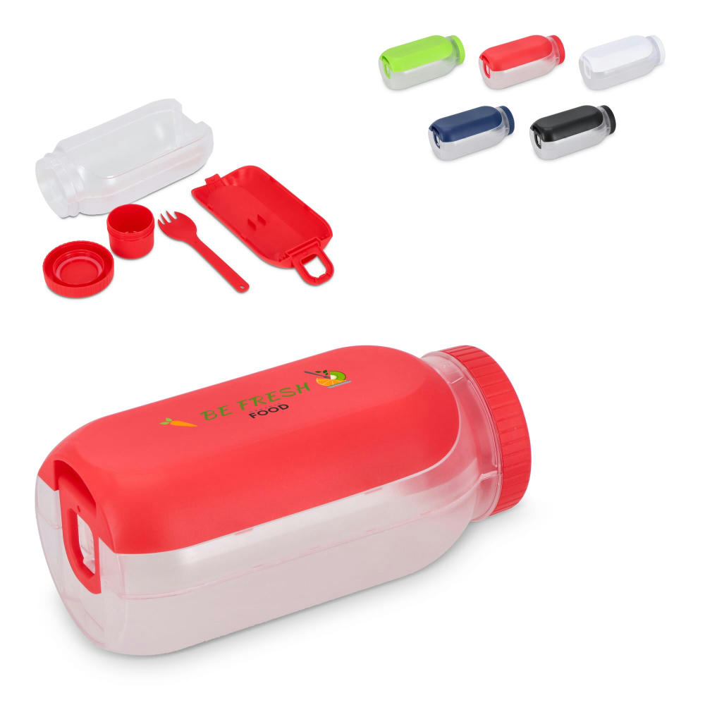 All-in-One-Lunchbox mit Soßenfach und Löffel-Gabel Werbeartikel