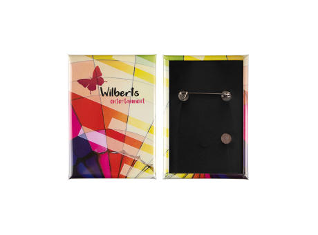 Product image Metallbutton 78x53mm rechteckig Hinterseite mit vertikalen Nadel Werbeartikel