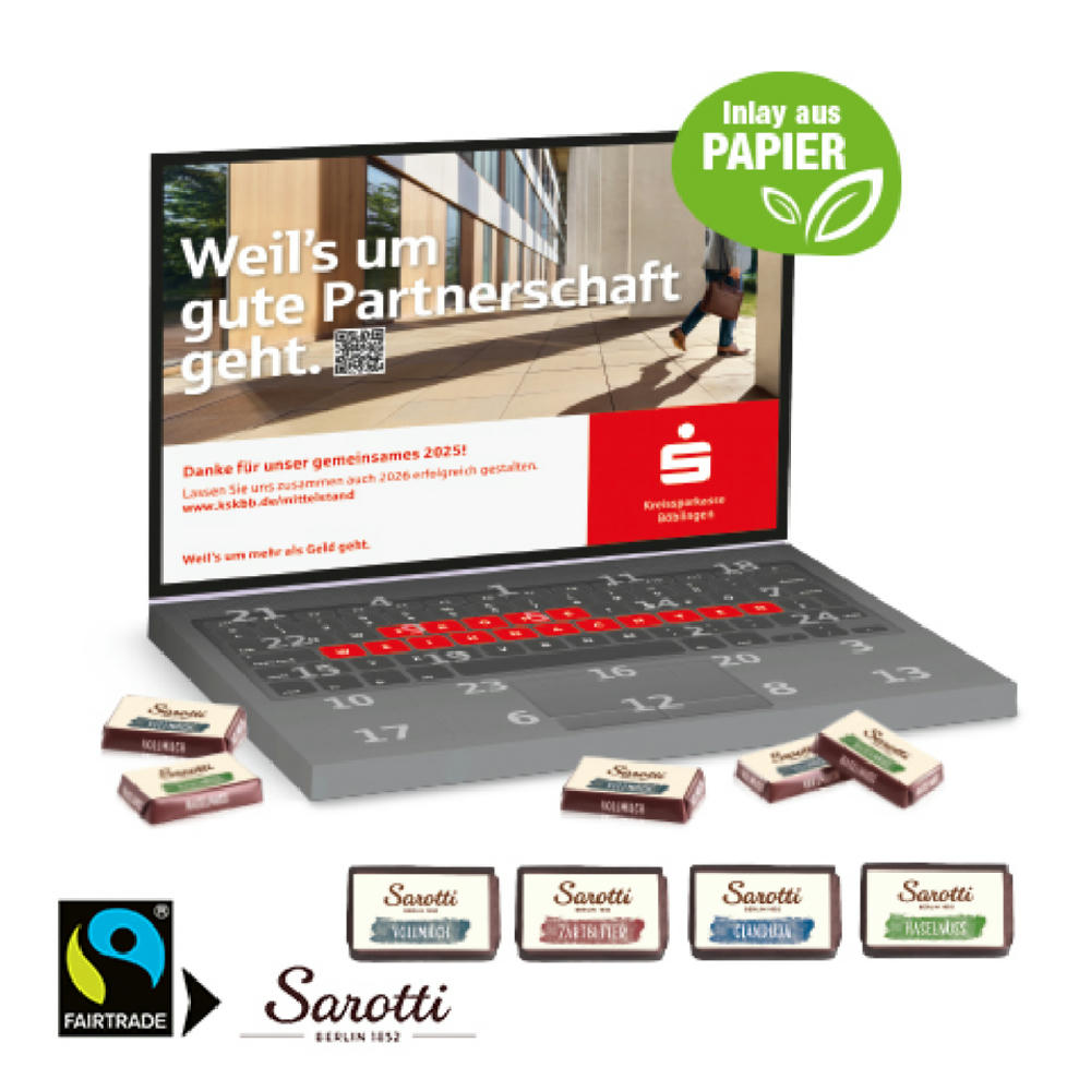 Adventskalender Laptop mit Sarotti Fairtrade® Werbeartikel