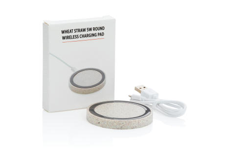 Rundes 5W Charging Pad aus Weizenstroh Werbeartikel