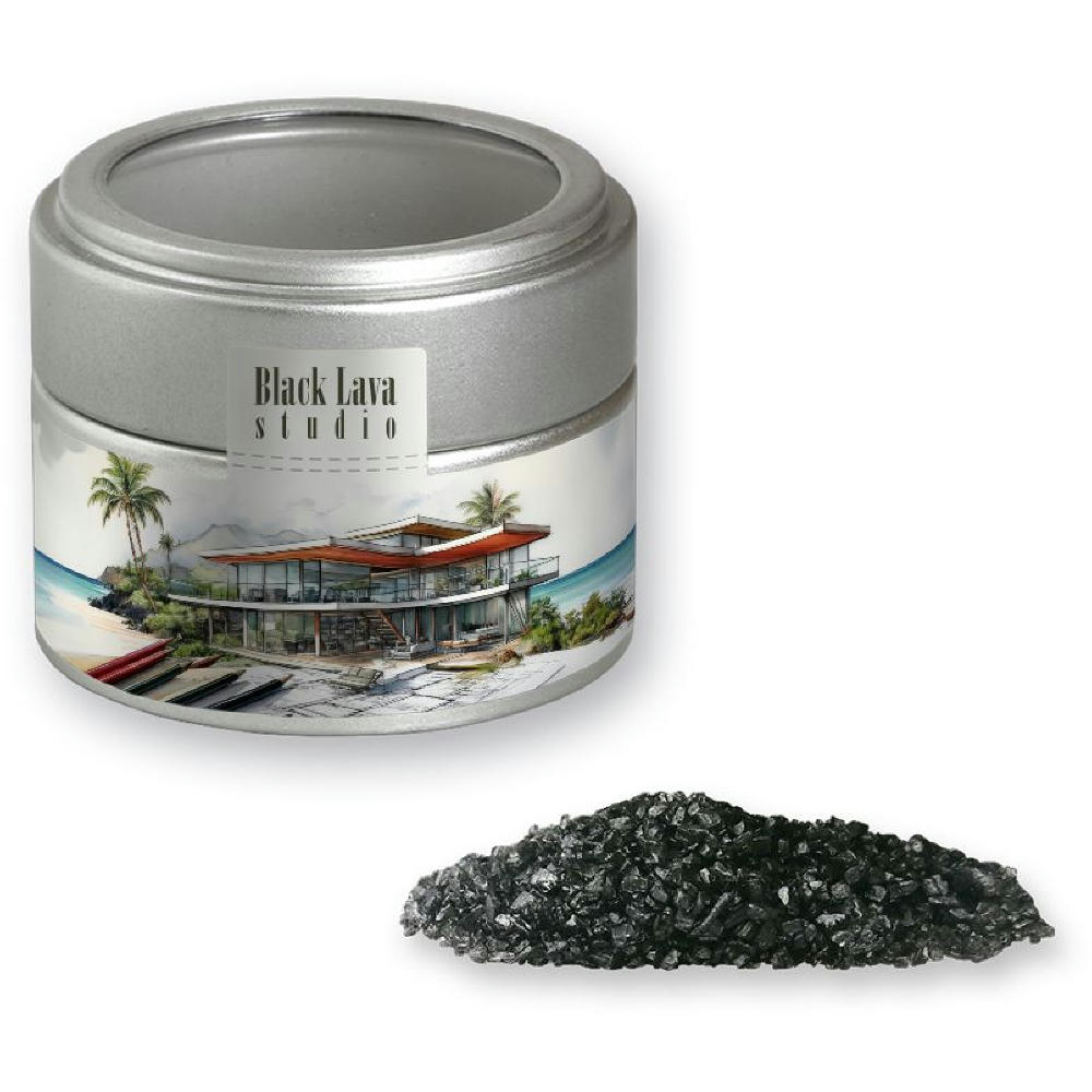 Product image Gewürzmischung Black Lava Salz, ca. 110g, Metalldose Mini mit Sichtfenster silber Werbeartikel
