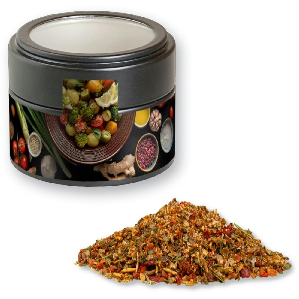 Gewürzmischung Mediterraner Veggie Mix, ca. 40g, Metalldose Mini mit Sichtfenster schwarz Werbeartikel