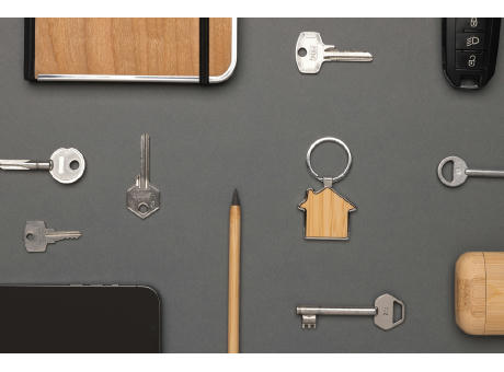 Schlüsselring Haus aus RCS rec. Zinklegierung mit Bambus Werbeartikel