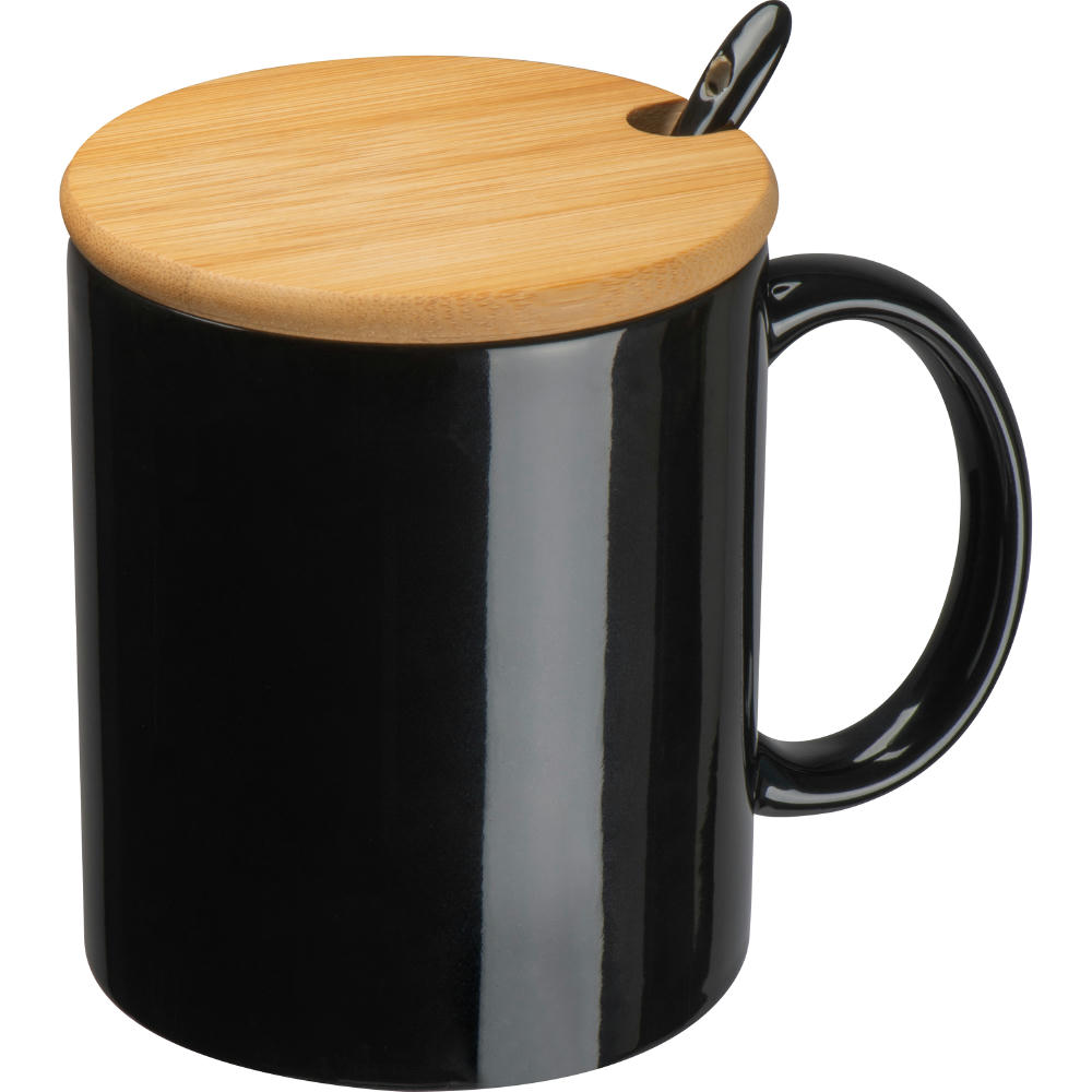 Product image Keramiktasse mit Löffel und Bambusdeckel Werbeartikel