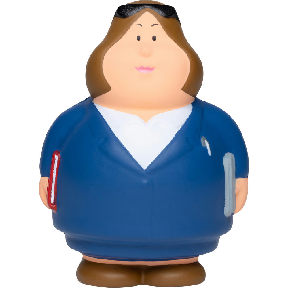 Product image Beraterin Berta im blauen Blazer mit Mappe und Stift – Anti-Stress-Figur zum Bedrucken für Banken und Versicherungen