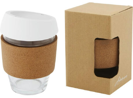 Lidan 360 ml Becher aus Borosilikatglas mit Korkgriff und Silikondeckel Werbeartikel