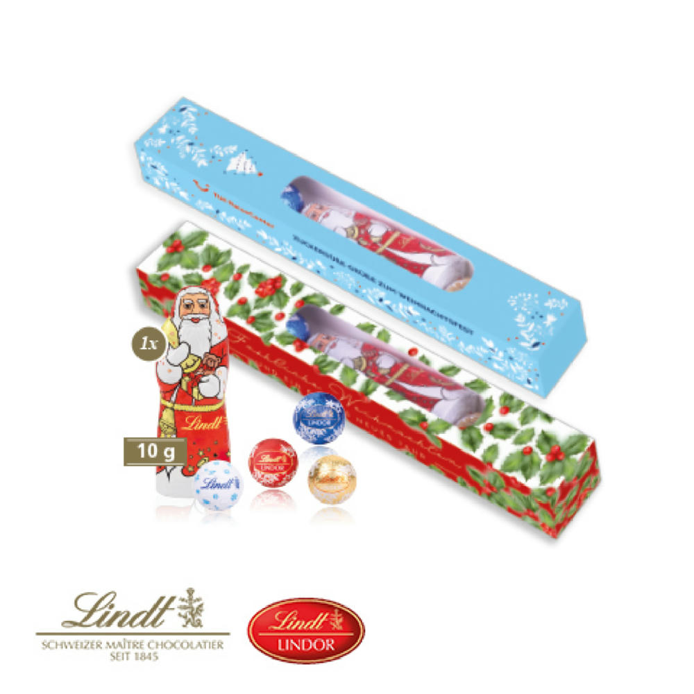 Product image Weihnachtsparade Stangenverpackung mit Lindt Schokolade und Logo bedruckt, gefüllt mit 1 Lindt Weihnachtsmann 10g und 5 Lindt Minis