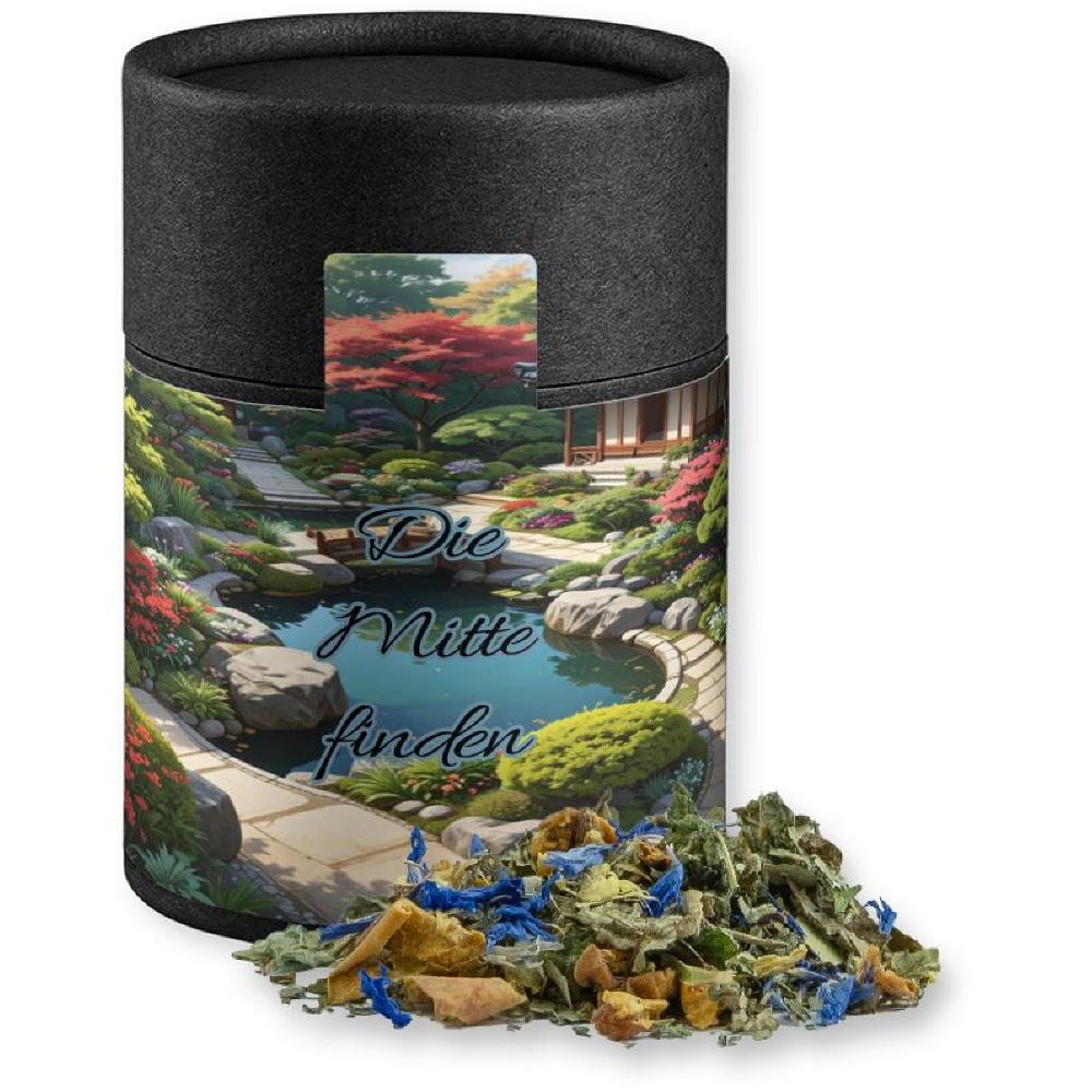 Kräutertee Harmonie, ca. 30g, Kraftpapierdose Midi schwarz Werbeartikel