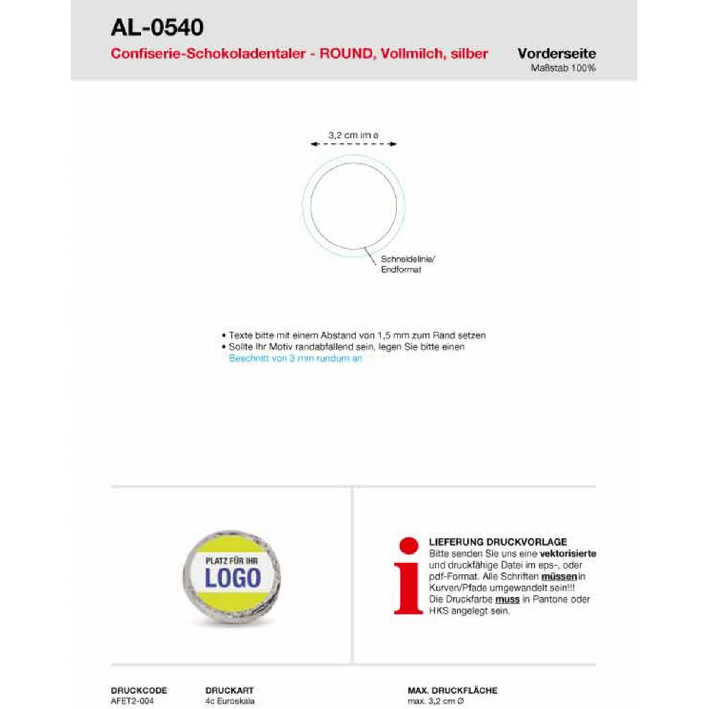 Confiserie-Schokotaler "Round" mit 4c Digitaldruck-Etikett Werbeartikel