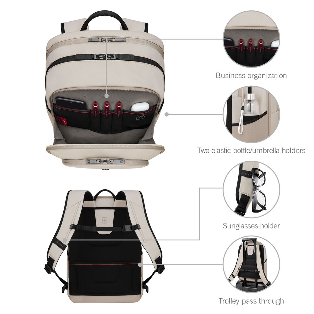 Victorinox Altmont Deluxe Backpack 653552 Infografik mit Detailansichten, beiger Premium Rucksack mit hervorgehobenen Funktionen wie Laptopfach, Organizer und Komfortträgern, perfekter Werbeartikel mit Logo für moderne Unternehmen.