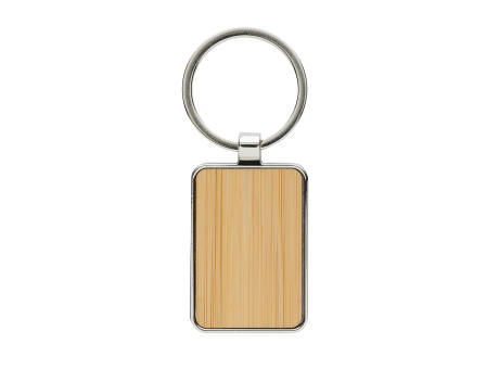 Eckiger Schlüsselring aus RCS rec. Zinklegierung mit Bambus Werbeartikel