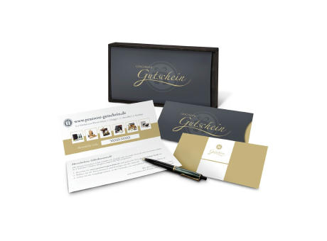 Geschenkgutschein Gold in Holzkiste, Kategorie 35 €, große Auswahl an Präsenten, Lifestyle- und Wellnessprodukten Werbeartikel