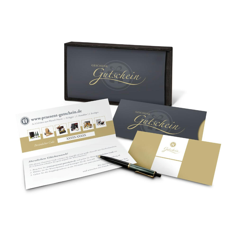 Product image Geschenkgutschein Gold in Holzkiste, Kategorie 35 €, große Auswahl an Präsenten, Lifestyle- und Wellnessprodukten Werbeartikel